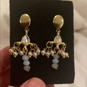 Elegant Kundan Gold, aquamarine and Pearl Drop Earrings